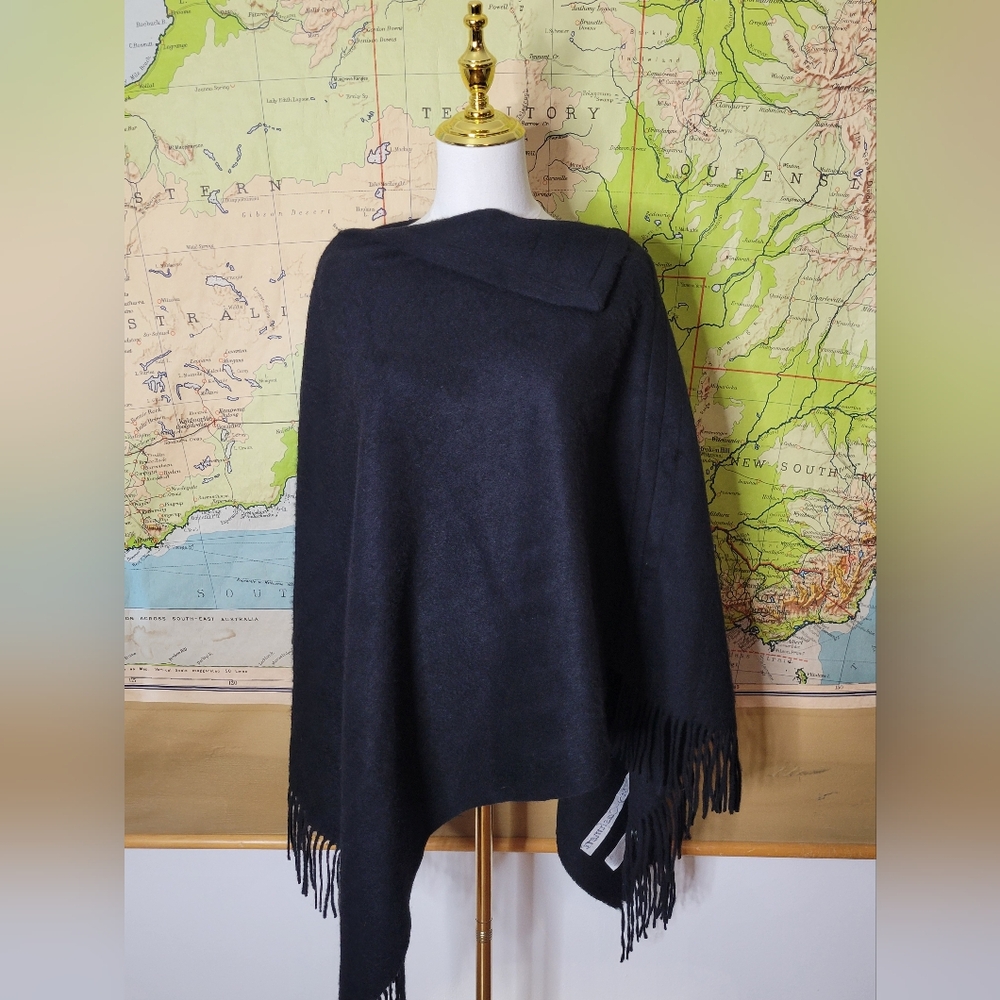 Cashmere Black Elegant  Asymmetrical Fringe Poncho. Wrap Sweater Throw Chic